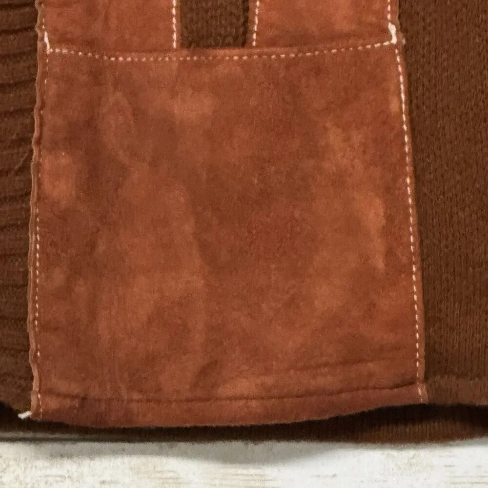 1970s Vintage Brown w Red Suede Front Shawl Cardigan RETRO M Old Grandpa Hipster